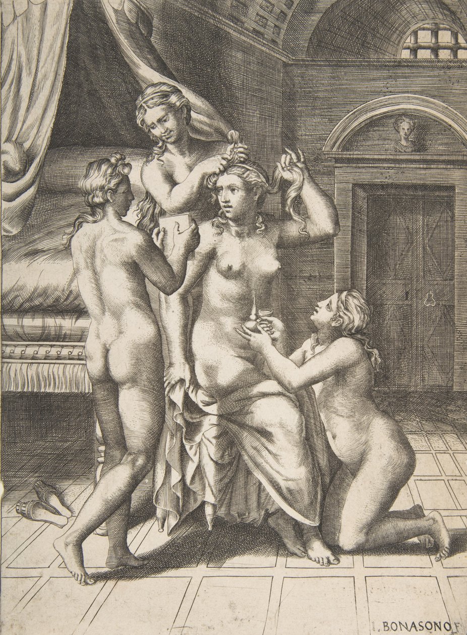 Záchod Psyché, který sedí v centru, o který se pečuje, 1531-76. od Giulio Bonasone