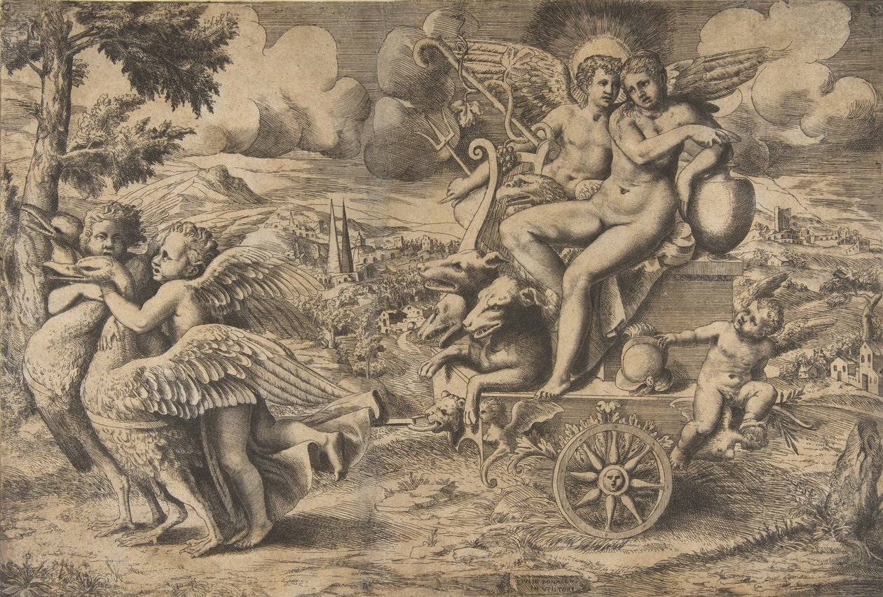 Triumf Cupida a Psyché, kteří sedí na voze taženém dvěma ptáky, odpočívají..., ca. 1550-67. od Giulio Bonasone
