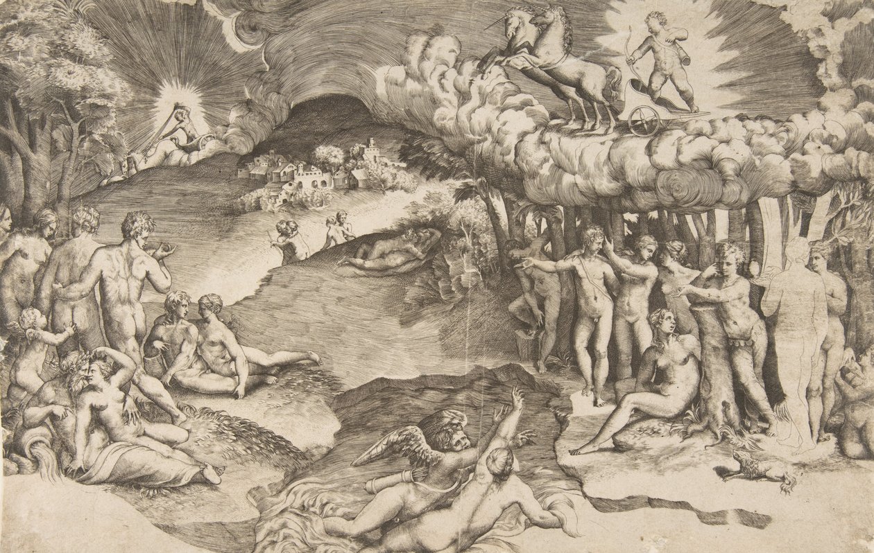 Triumf lásky, Amor jedoucí na voze taženém jednorožcem je vpravo nahoře, nahý ..., 1545. od Giulio Bonasone