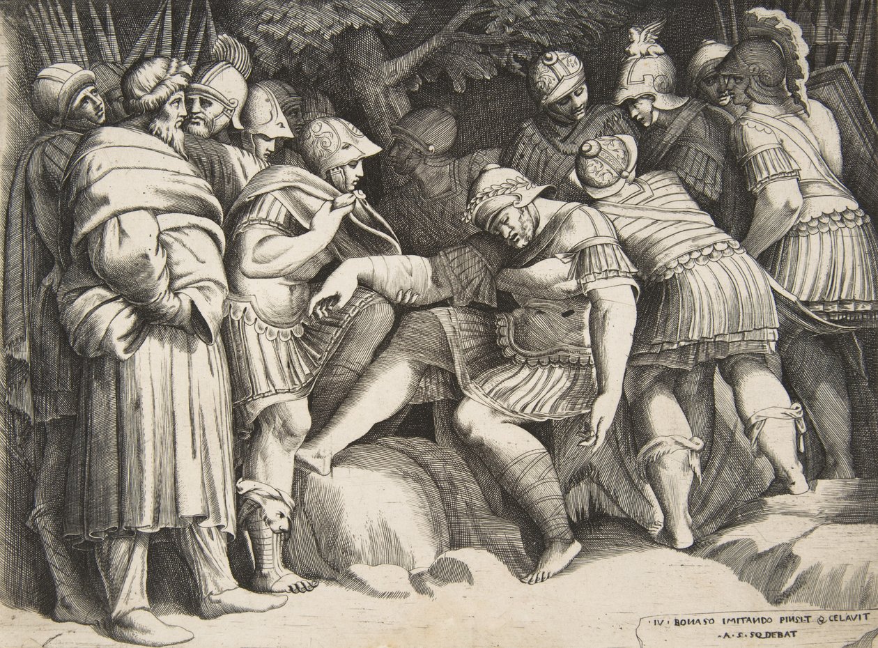 Zraněný voják Scipio uprostřed obklopený postavami, 1531-76. od Giulio Bonasone