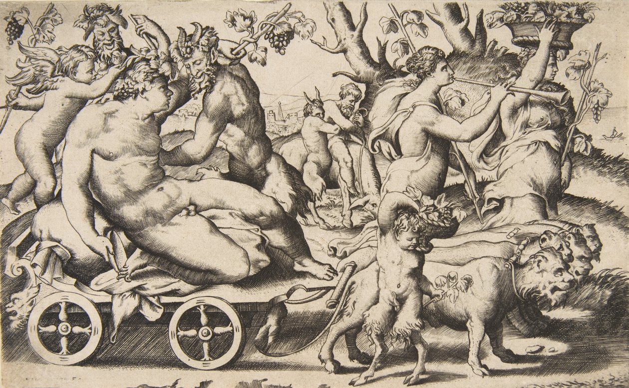 Triumf Baccha, který sedí na kočáru vlevo, 1531-76. od Giulio Bonasone