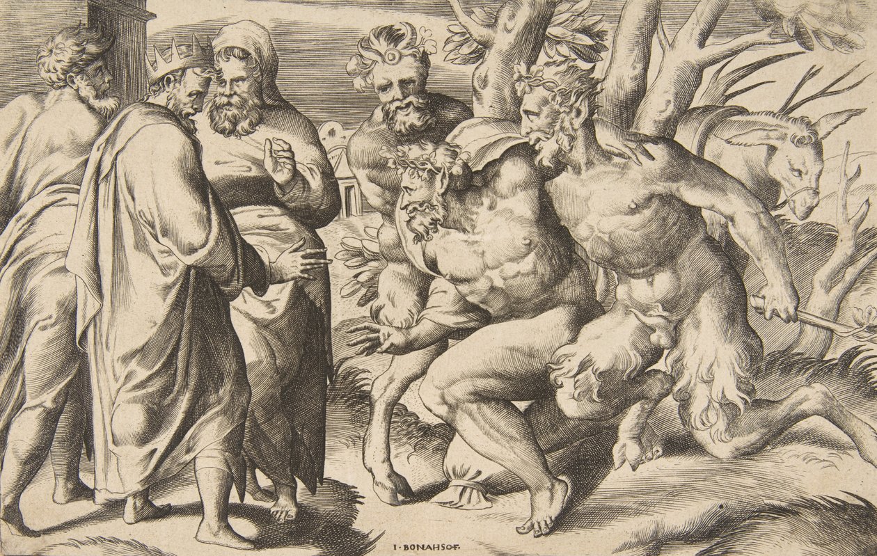 Dva satyrové přinášející Silena krále Midase stojícího vlevo, 1531-76. od Giulio Bonasone