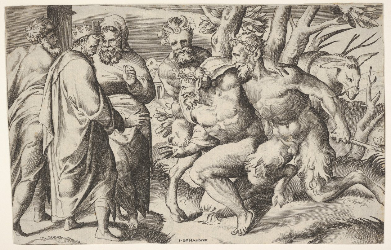Dva satyrové vedou Silena ke králi Midasovi, který stojí vlevo se dvěma mužskými průvodci..., ca. 1550-80. od Giulio Bonasone