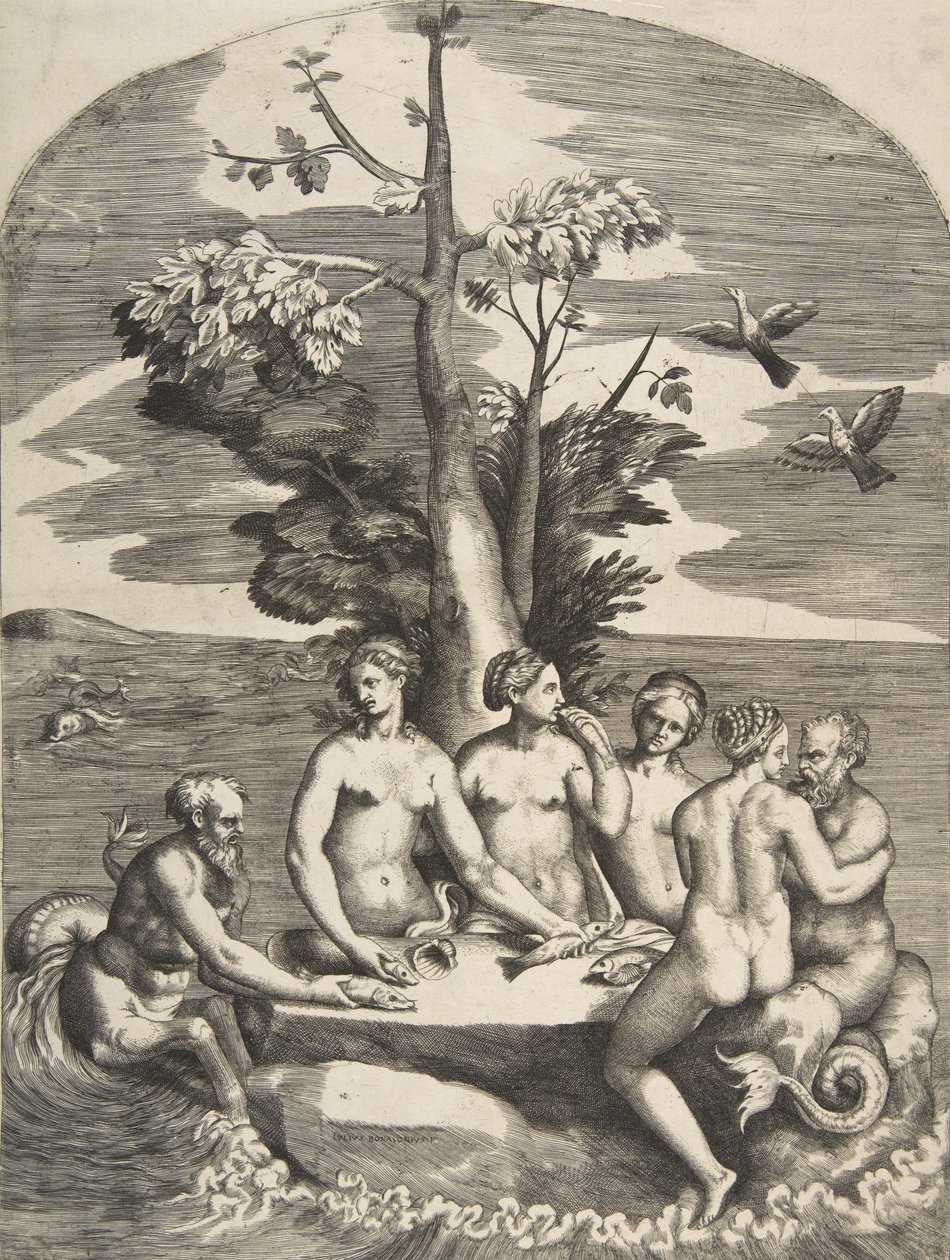 Dva mořští bohové doprovázení čtyřmi nymfami, 1531-76. od Giulio Bonasone