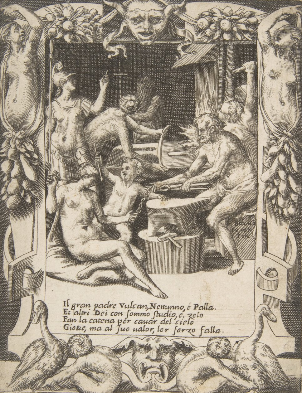 Vulkán, Neptun, Athéna a další bohové vytvářejí okovy, aby vytáhli Jupitera z nebes..., 1531-76. od Giulio Bonasone