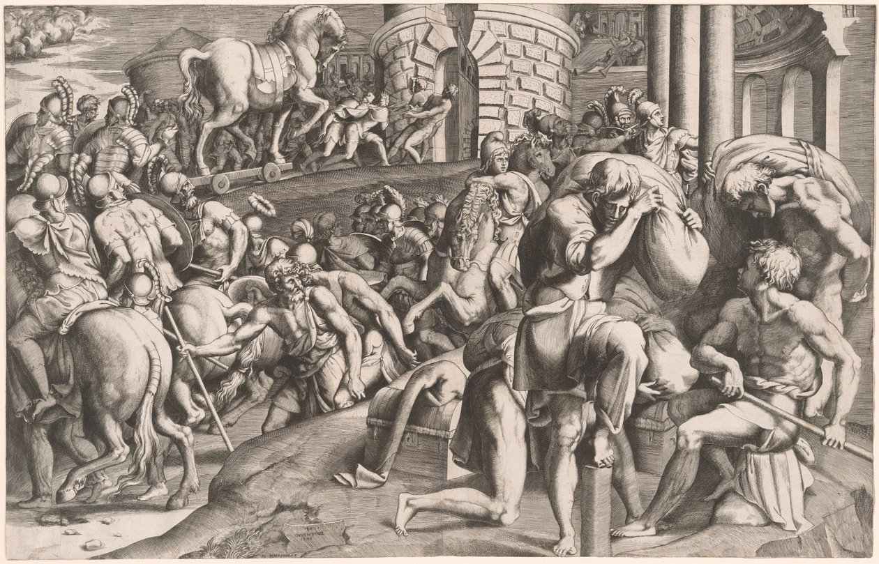 Trojané tažení dřevěného koně do Tróje od Giulio Bonasone, after Francesco Primaticcio