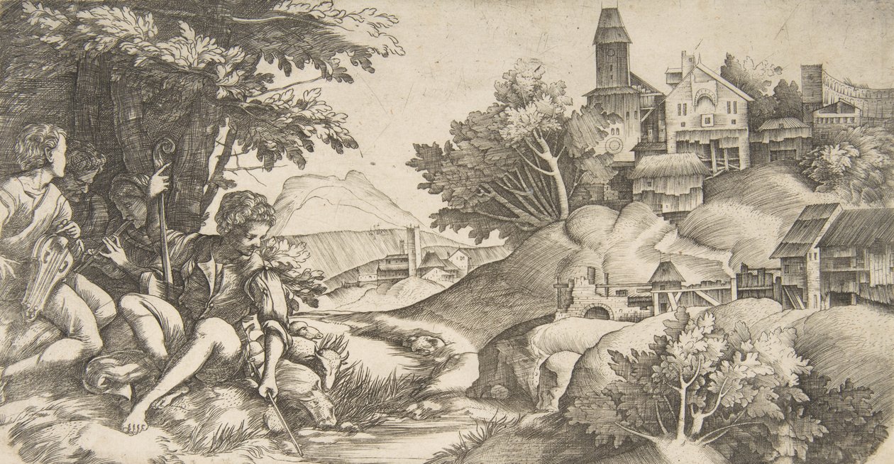 Vlevo čtyři pastýři s hudebními nástroji sedící pod skupinou stromů..., ca. 1517 od Giulio Campagnola