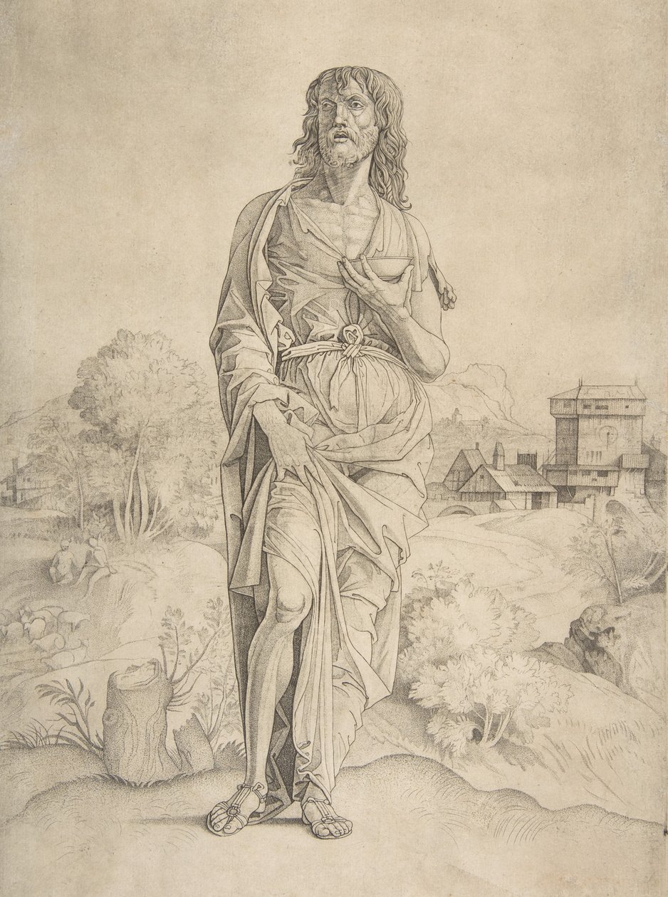 Svatý Jan Křtitel stojící v krajině, postavy a budovy v pozadí..., ca. 1505-10. od Giulio Campagnola