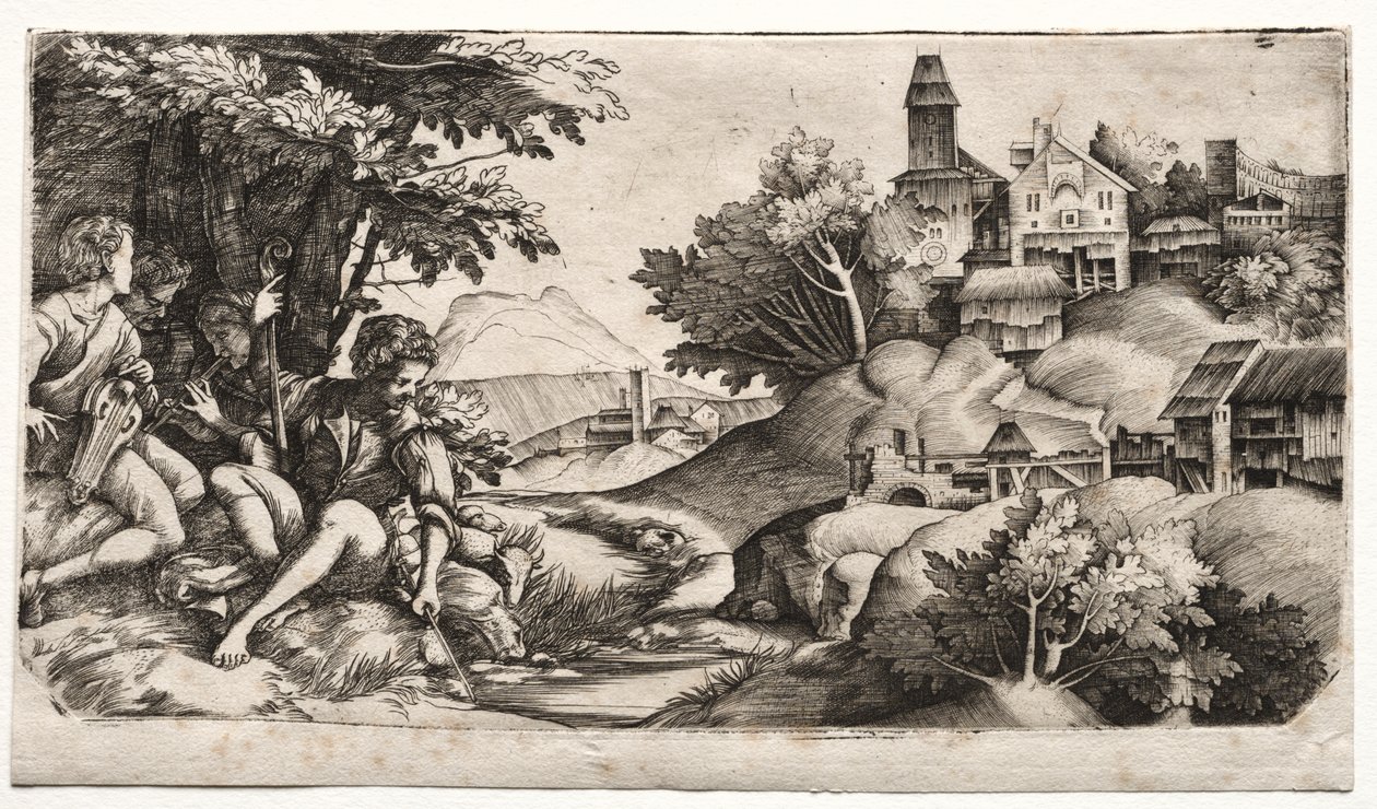 Pastýři v krajině od Giulio Campagnola