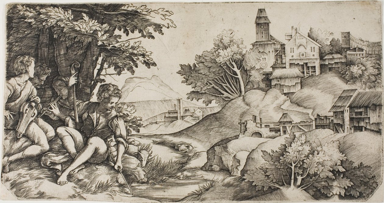 Pastýři v krajině od Giulio Campagnola