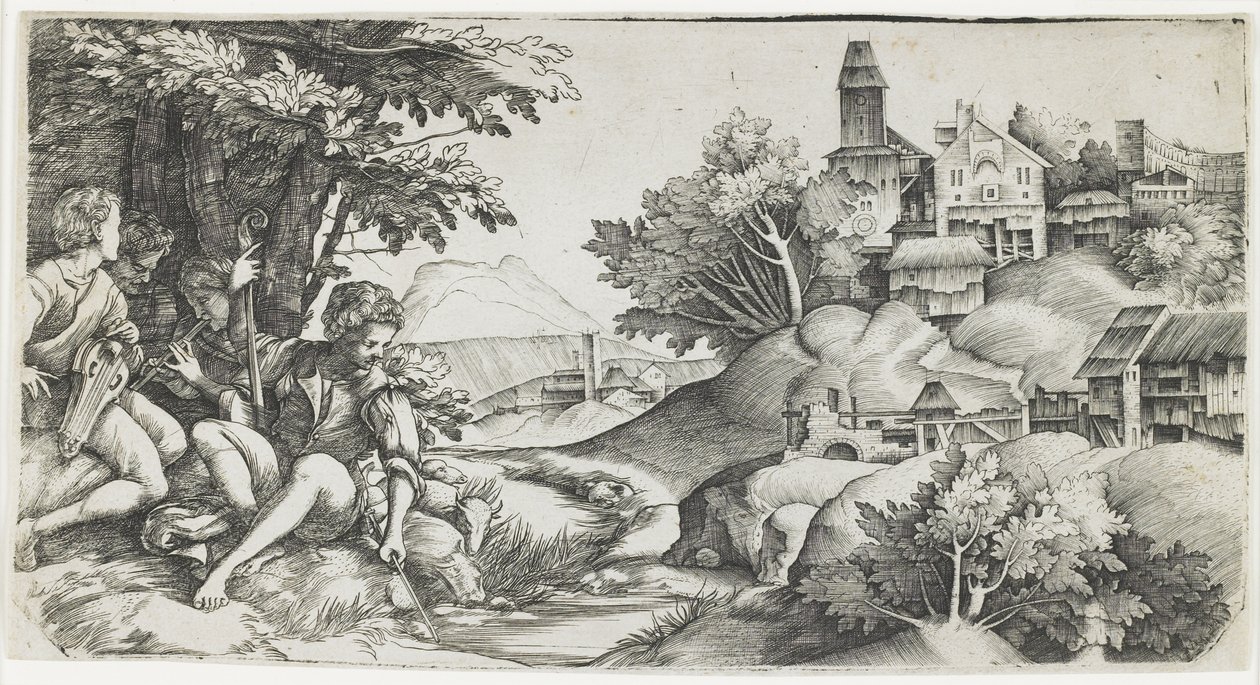Pastýři v krajině, c. 1517-1518 od Giulio Campagnola
