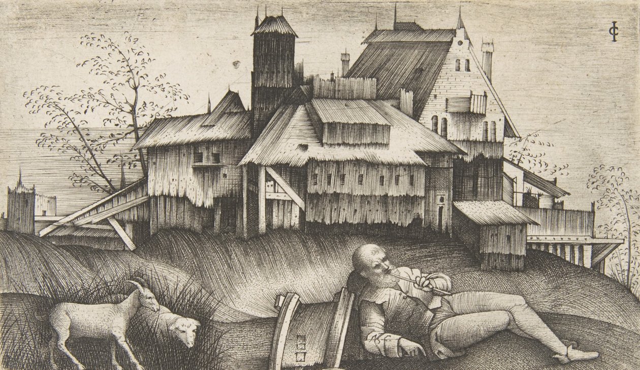 Starý pastýř ležící v krajině, budovy za nimi, koza a ovce do t..., ca. 1500-1515. od Giulio Campagnola