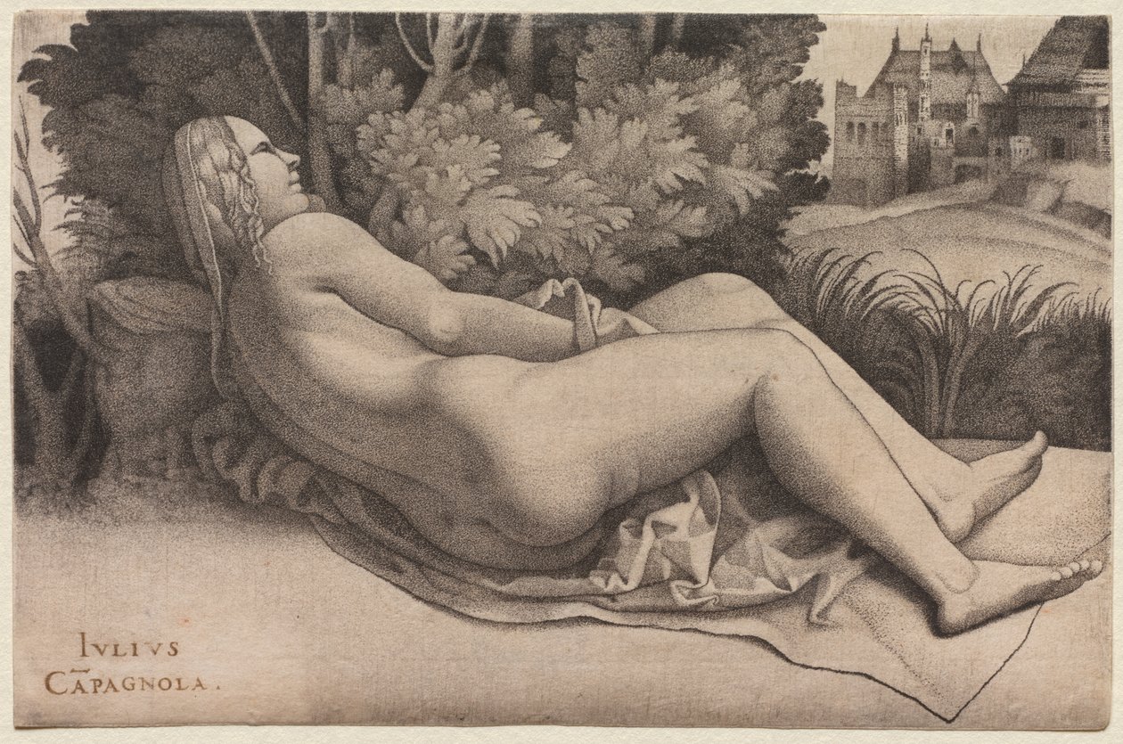 Venuše ležící v krajině, kolem 1508-09 od Giulio Campagnola