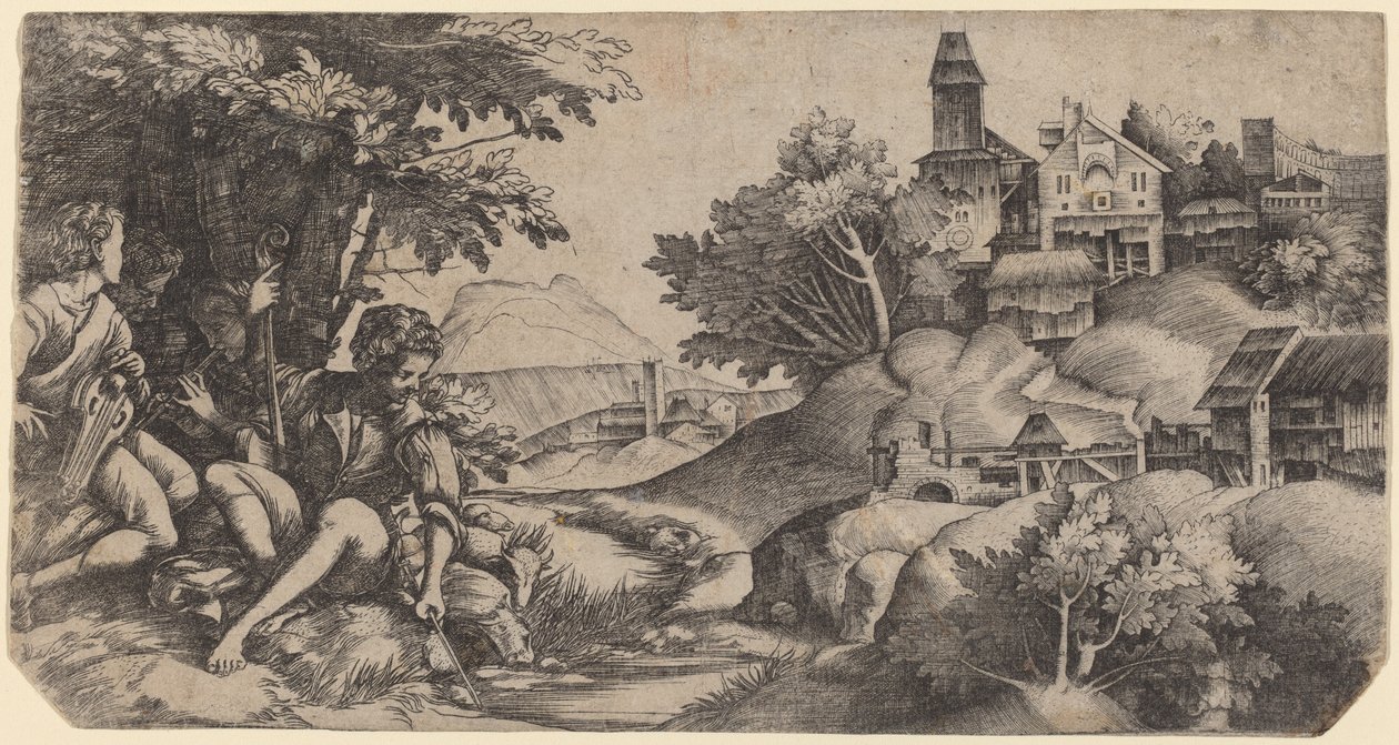 Pastýři v krajině od Giulio Campagnola and Domenico Campagnola