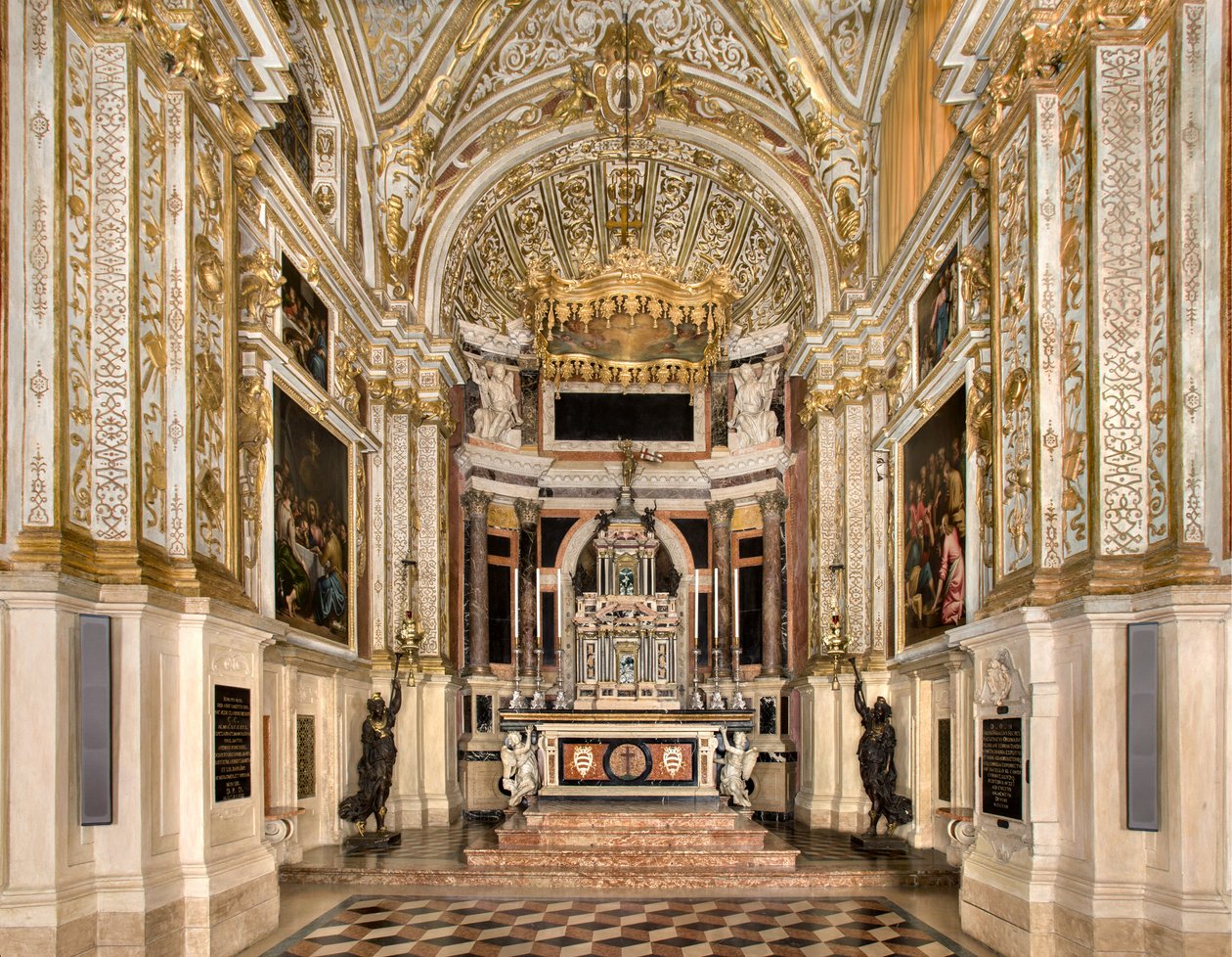 Kaple SS Sacramento 1569, projekt Francesco Dattaro, výzdoba Giovanni Battista Cambi, Ancona SS Giulio Campi, projekt obnovy Malosso od Giulio Campi