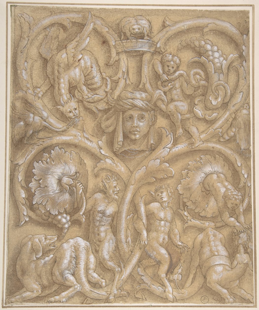 Design pro ozdobný panel s Rinceaux, Satyry, Putti, monstry a lidskou hlavou, 1535-45. od Giulio Campi.