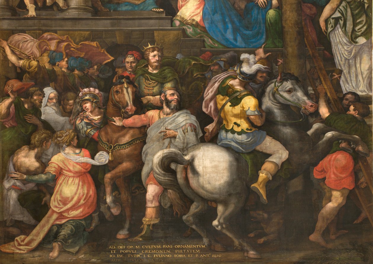 Stěna naproti protifasádě jižní transeptu, Giuseppe Campi, Triumph of Mordecai 1567, Detail spodní část od Giulio Campi