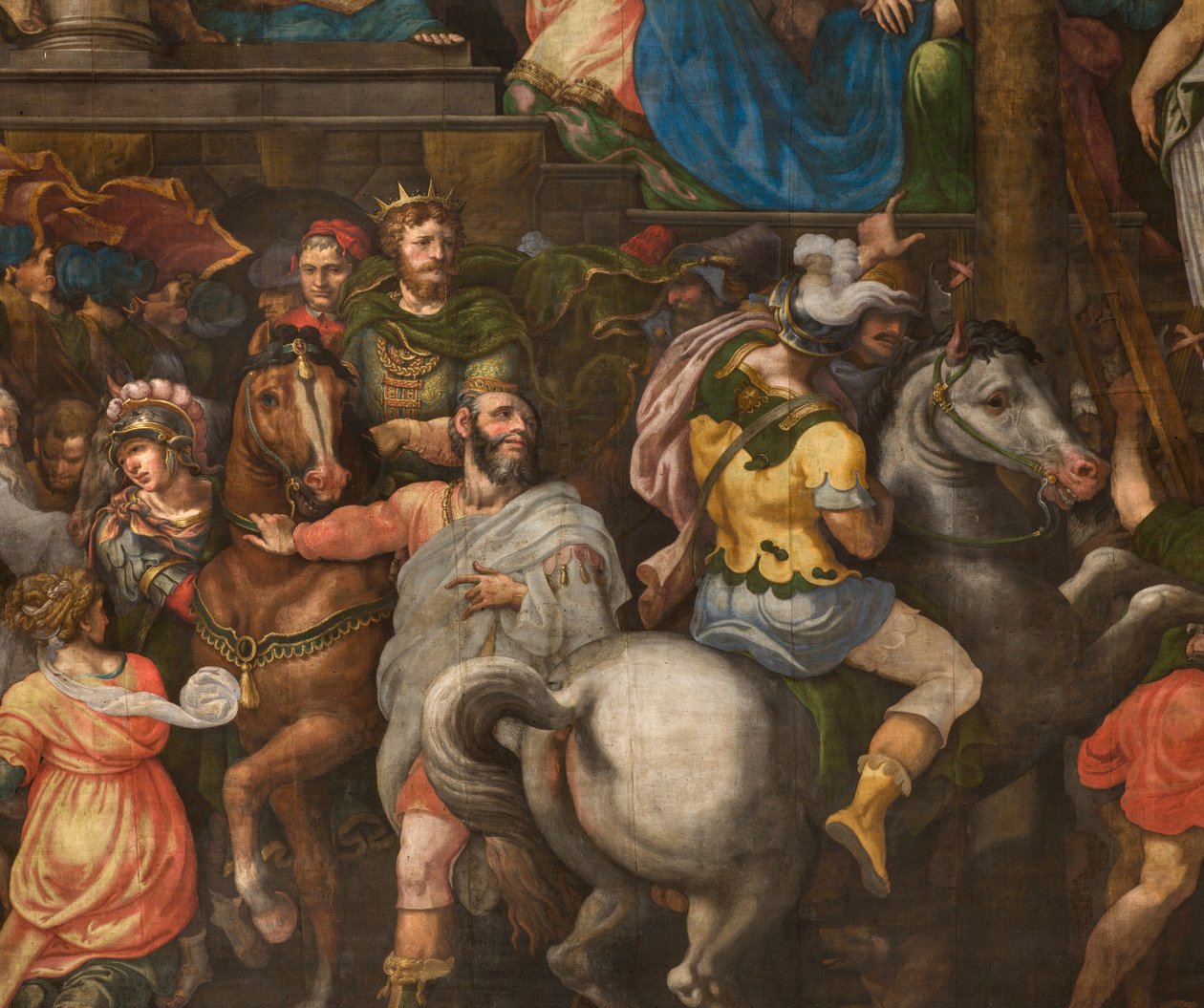 Stěna naproti protifasádě jižní transeptu, Giuseppe Campi, Triumph of Mordecai 1567, Detail spodní část od Giulio Campi