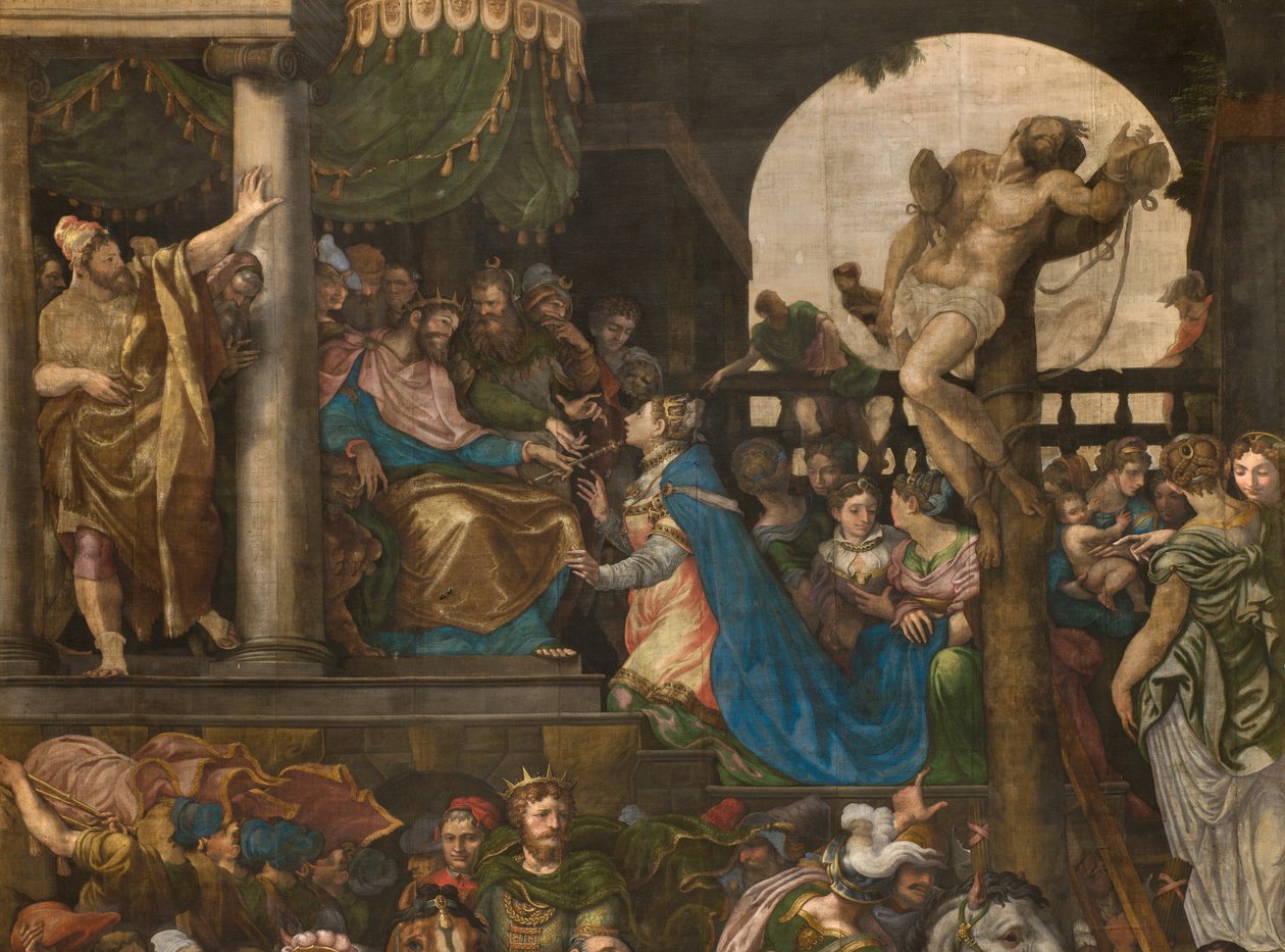 Stěna naproti protifasádě jižní příčné lodi, Giuseppe Campi, Triumph of Mordecai 1567, Detail vysoká část od Giulio Campi