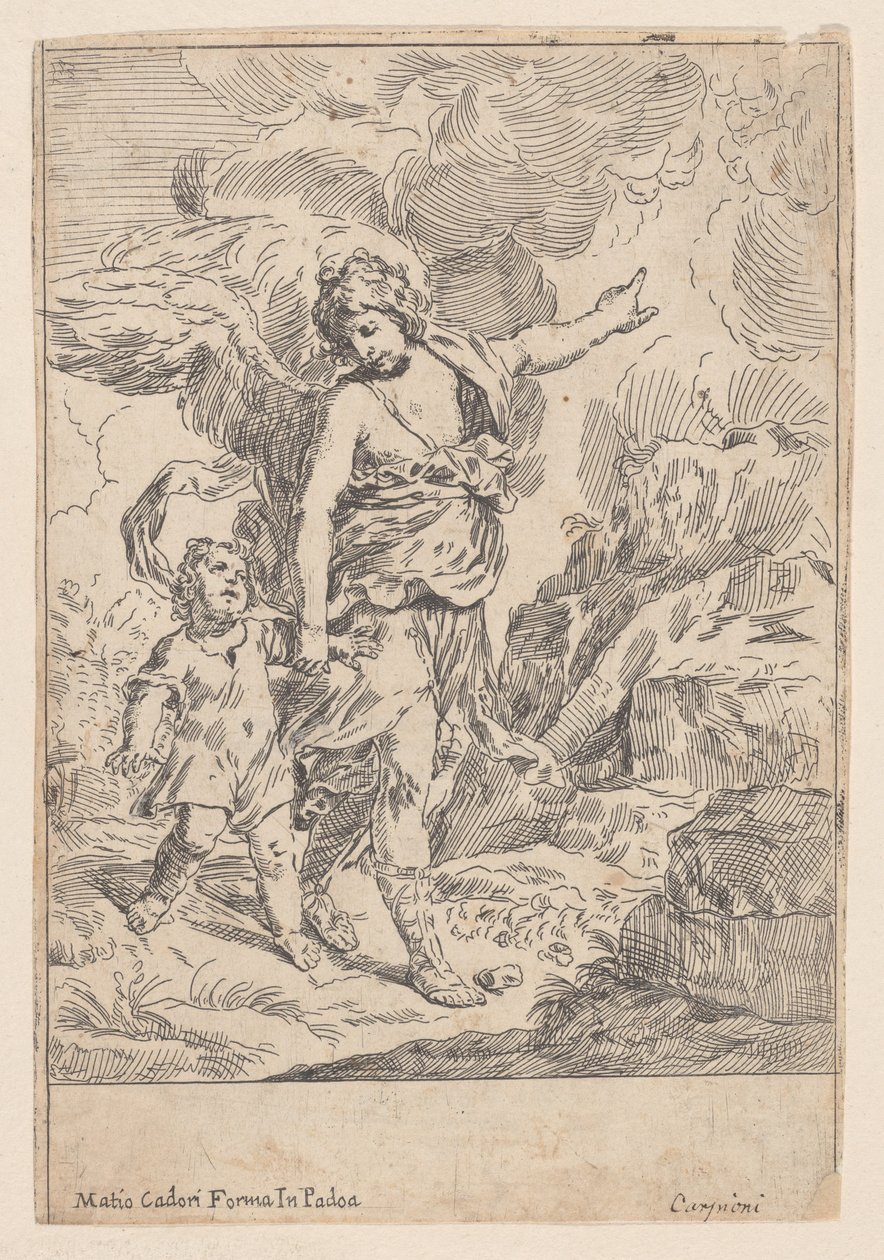 Anděl strážný kráčející ruku v ruce s malým dítětem, 1640-60. od Giulio Carpioni