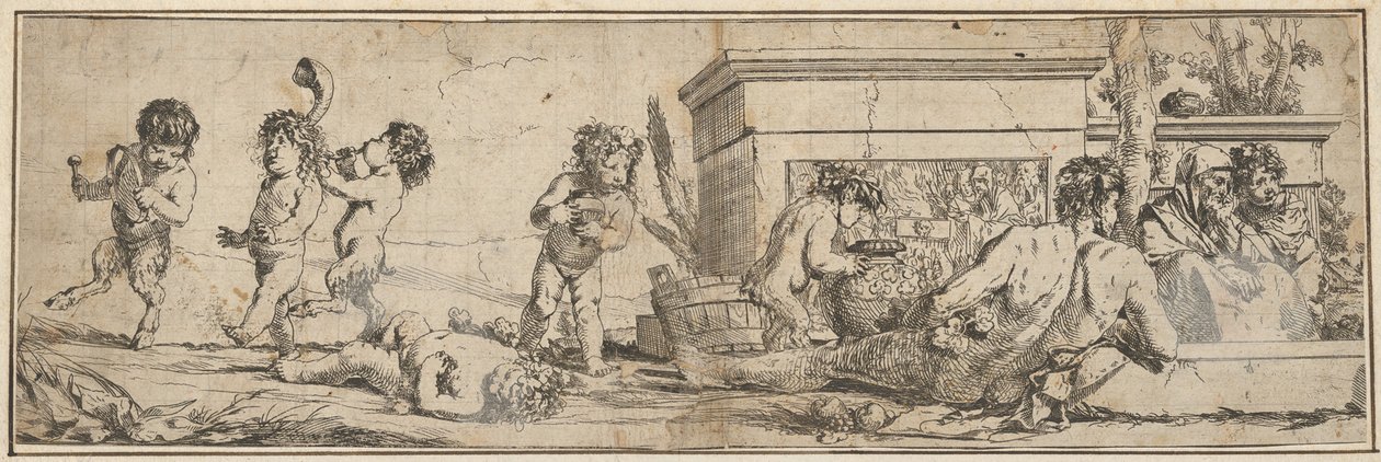 Bakchanal s dětskými satyry a putti vlevo, nahá mužská postava ležící před..., 1633-78. od Giulio Carpioni