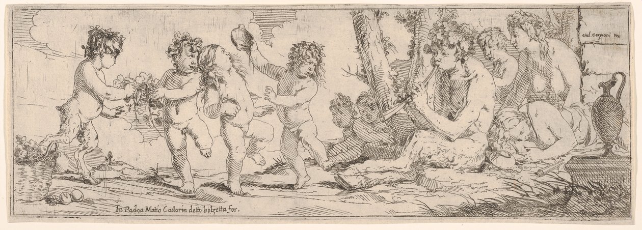 Bakchanal se satyrem hrajícím na loutnu a obklopený čtyřmi postavami, které hledí k..., 1640-60. od Giulio Carpioni