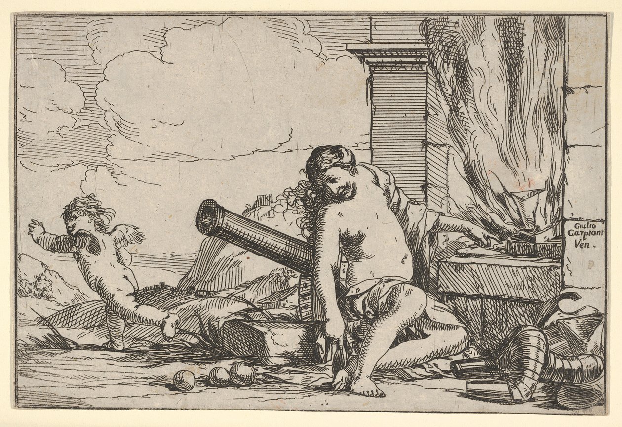Oheň, reprezentovaný Venuší sedící před Vulkánskou kovárnou, s brněním, kanónem a kanónem..., 1640-60. od Giulio Carpioni