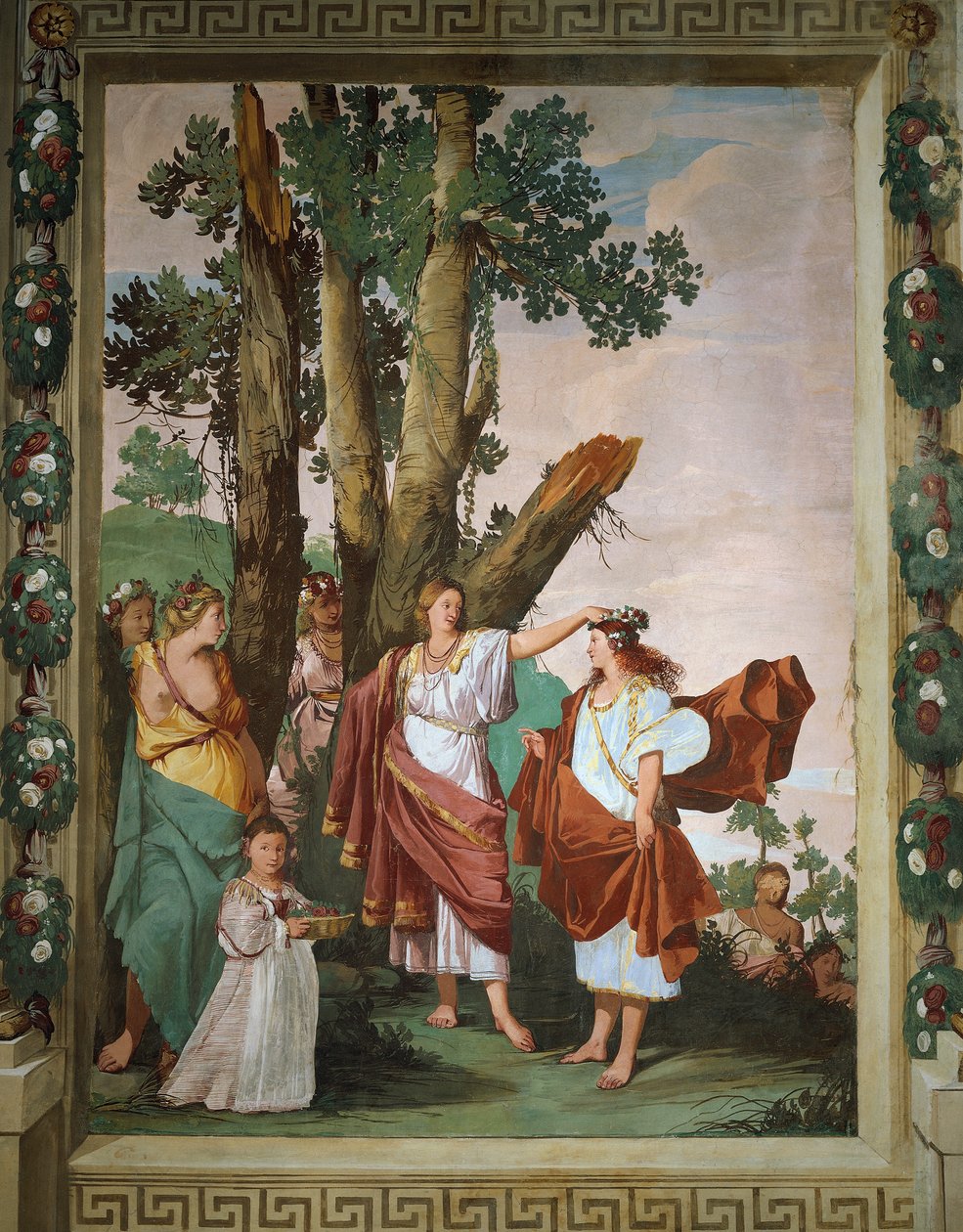 Nymph Amaryllis korunovaná vítězem soutěže o polibek, freska Giulio Carpioni, inspirovaná pastorační hrou Věrný pastýř, od Giovanniho Battisty Guariniho (1538-1612), Villa Caldogno (Seznam světového dědictví UNESCO od Giulio Carpioni