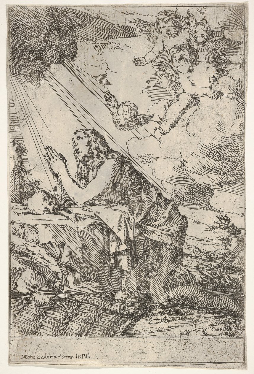 Kajícnice Magdalena klečící na skalnaté půdě před lebkou a kostmi, mastí ..., ca. 1640-55. od Giulio Carpioni