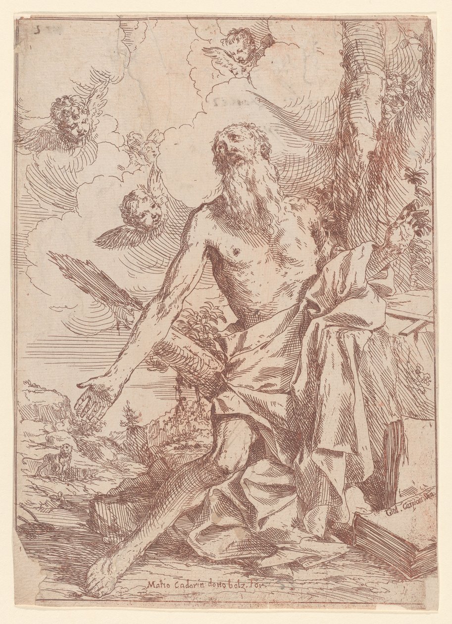 Svatý Jeroným klečící u stromu s nataženýma rukama, 1640-60. od Giulio Carpioni