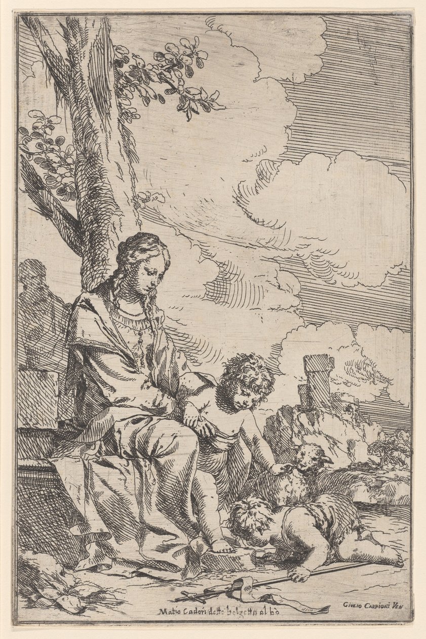Svatá rodina s malým svatým Janem líbajícím Kristovy nohy, 1640-60. od Giulio Carpioni