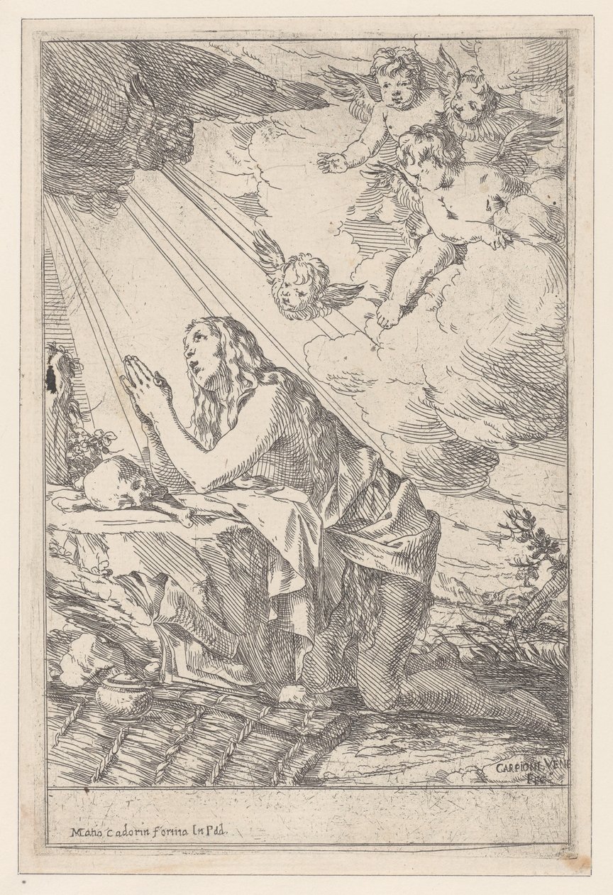 Kajícnice svatá Marie Magdalena, klečící před lebkou a kostmi, 1640-60. od Giulio Carpioni