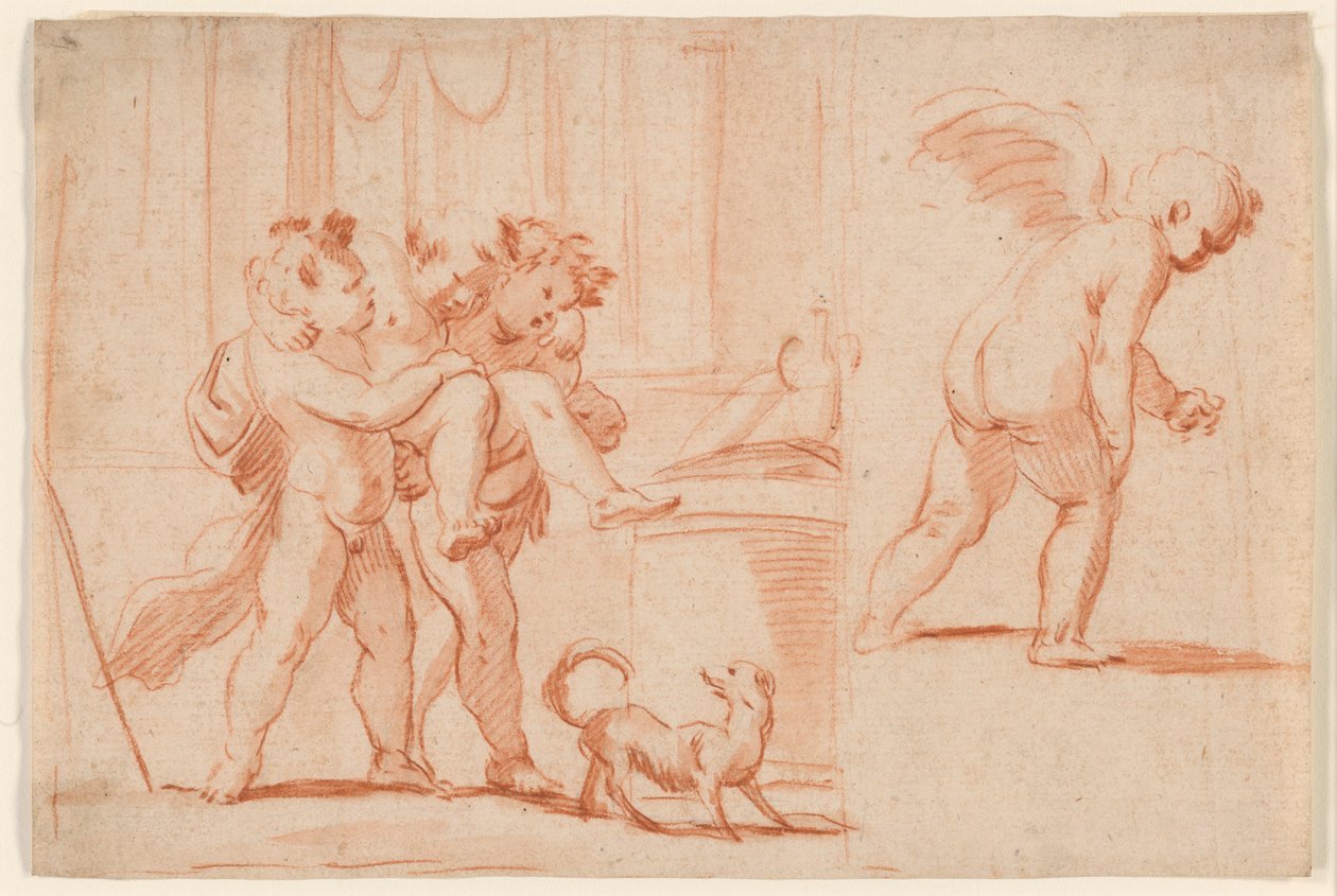Dva Putti nesoucí třetí Putto; Další Putto zezadu od Giulio Carpioni