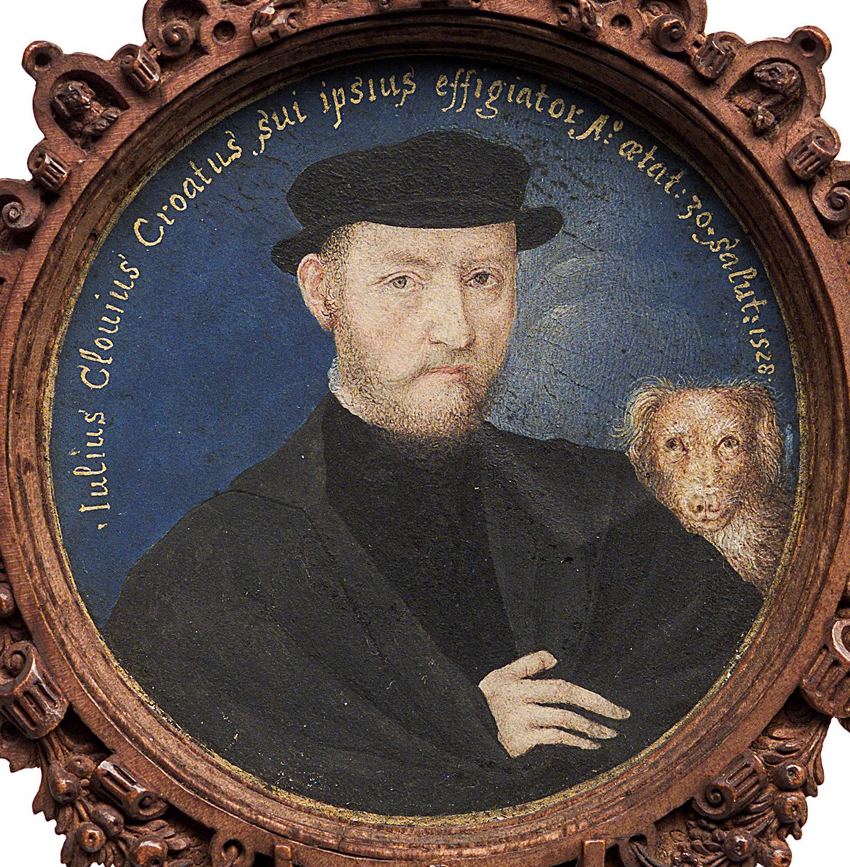 Autoportrét se psem, 1528 od Giulio Clovio