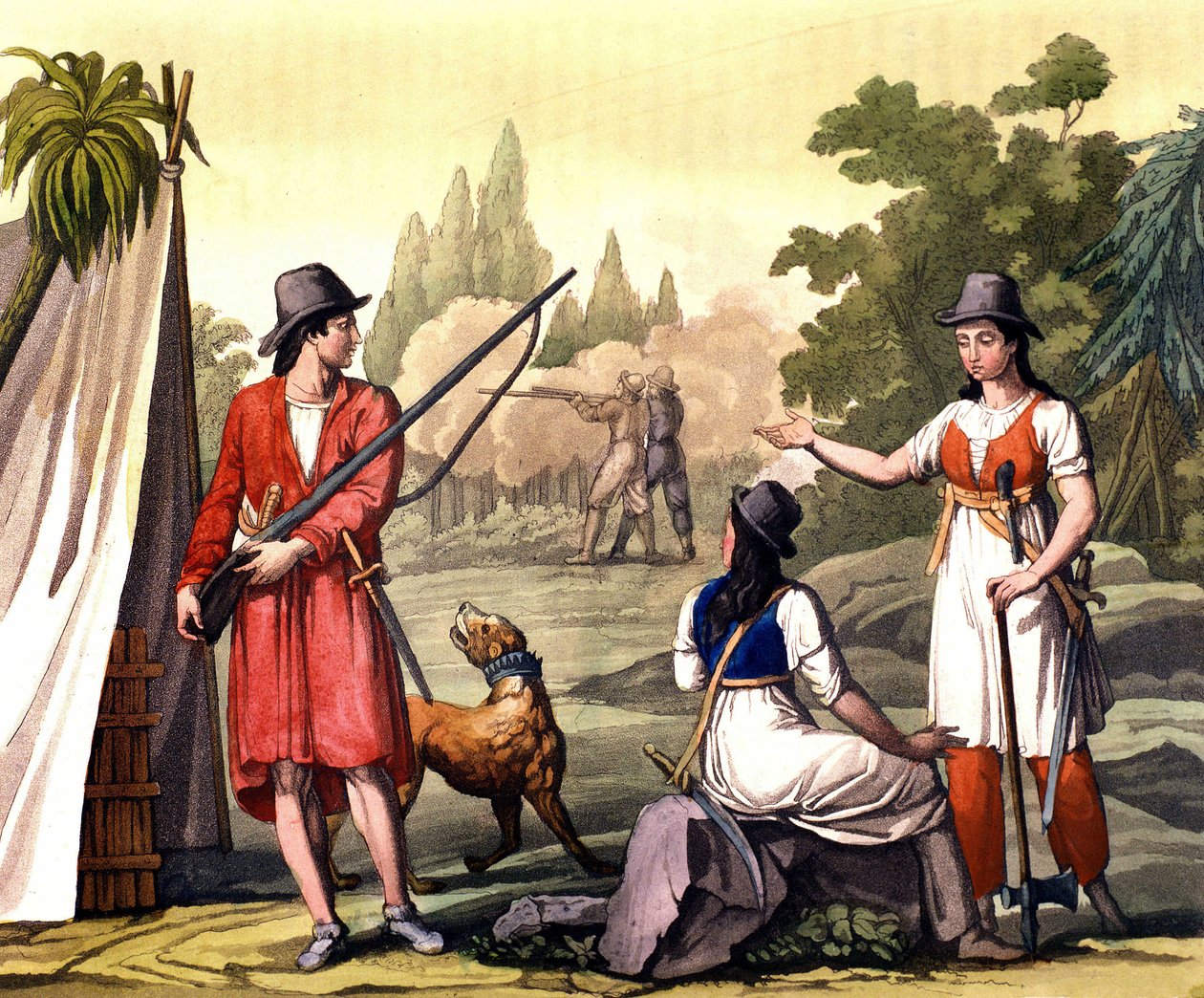 Bukanýři a ženy flibustier: pirát Jack Rackham říká, že The Red nebo John Rackham, lépe známý jako Calico Jack (? -1720), reprezentovaný Anne Bonny (Bonney) a Mary (Marc) Read v Západní Indii. Talíř převzat z ""Starý a moderní kostým"" od F od Giulio Ferrario