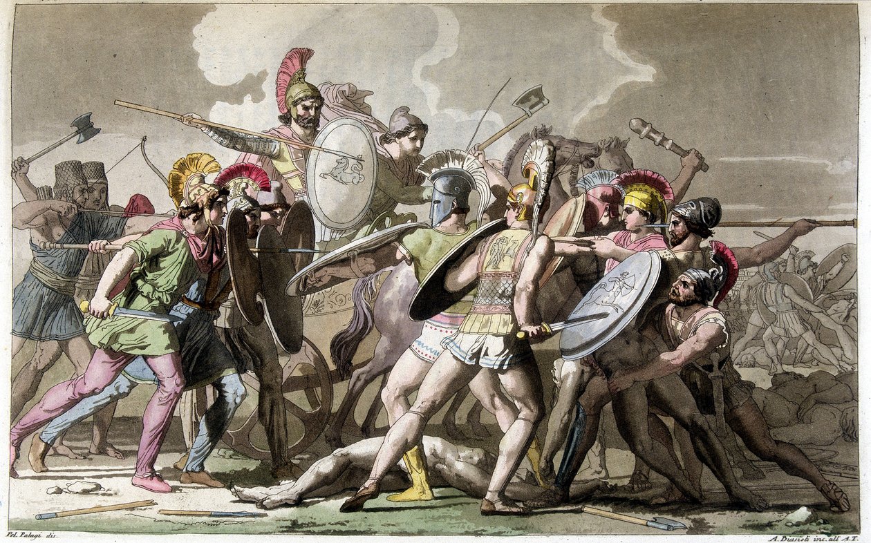 Bojujte za mrtvolu Patrokla (Trójská válka) – v „“The Ancient and Modern Costume”” od Ferrario, ed. Milano od Giulio Ferrario