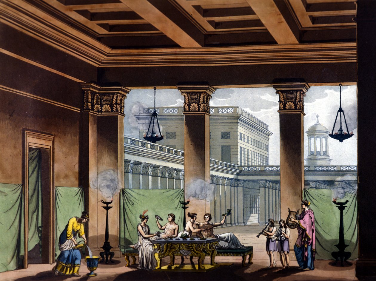 Triclinium zapálené olejové lampy ve starověkém Řecku: banketová scéna - ve starém a moderním kostýmu od Julese Ferraria, ed. Milán od Giulio Ferrario