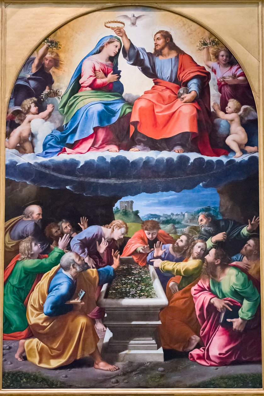 Korunování Panny Marie, "Madona z Monteluce" 1505-25 (olej na dřevě) od Giulio & Penni Giovanni Francesco (il Fattore) (c.1488 1528) Romano