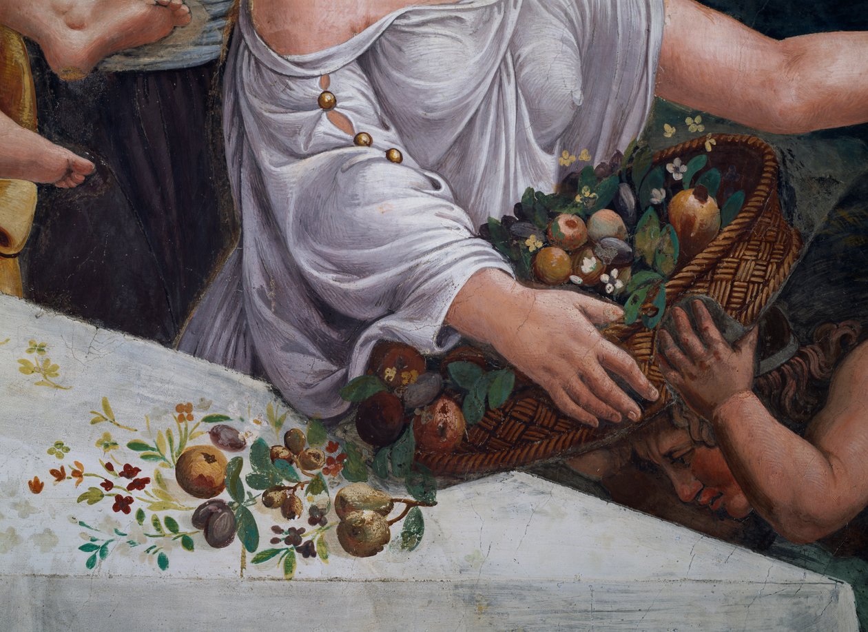 Košík ovoce a květin, detail rustikální hostiny oslavující svatbu Amora a Psyché ze Sala di Amore e Psiche, detail fresky z roku 1528 z 78427 od Giulio Romano