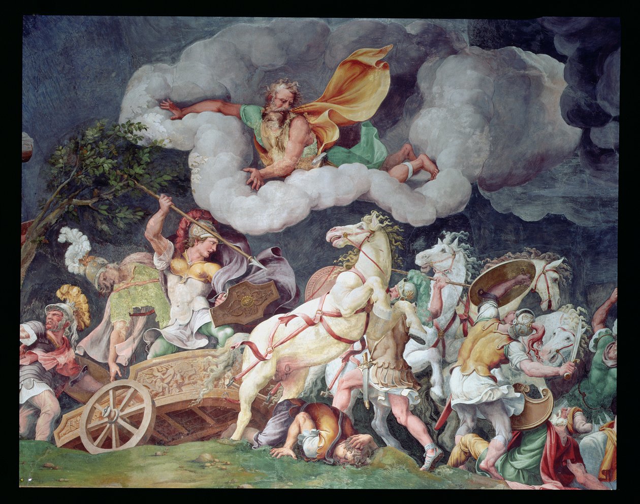 Achilles vláčí tělo Hektora na svém voze, detail ze stropu Sala di Troia, kolem roku 1538 od Giulio Romano