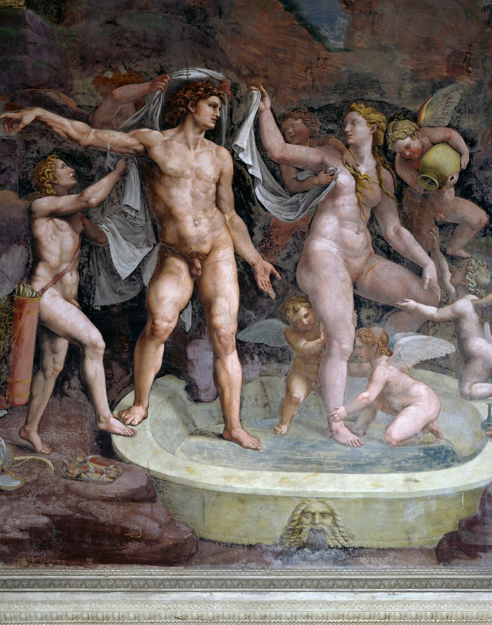 Bath of Mars and Venus, freska Giulio Romano (1499-1546), severní stěna Chamber of Cupid and Psyche, Palazzo Te, Mantua (Seznam světového dědictví UNESCO, 2008), Lombardie, Itálie od Giulio Romano