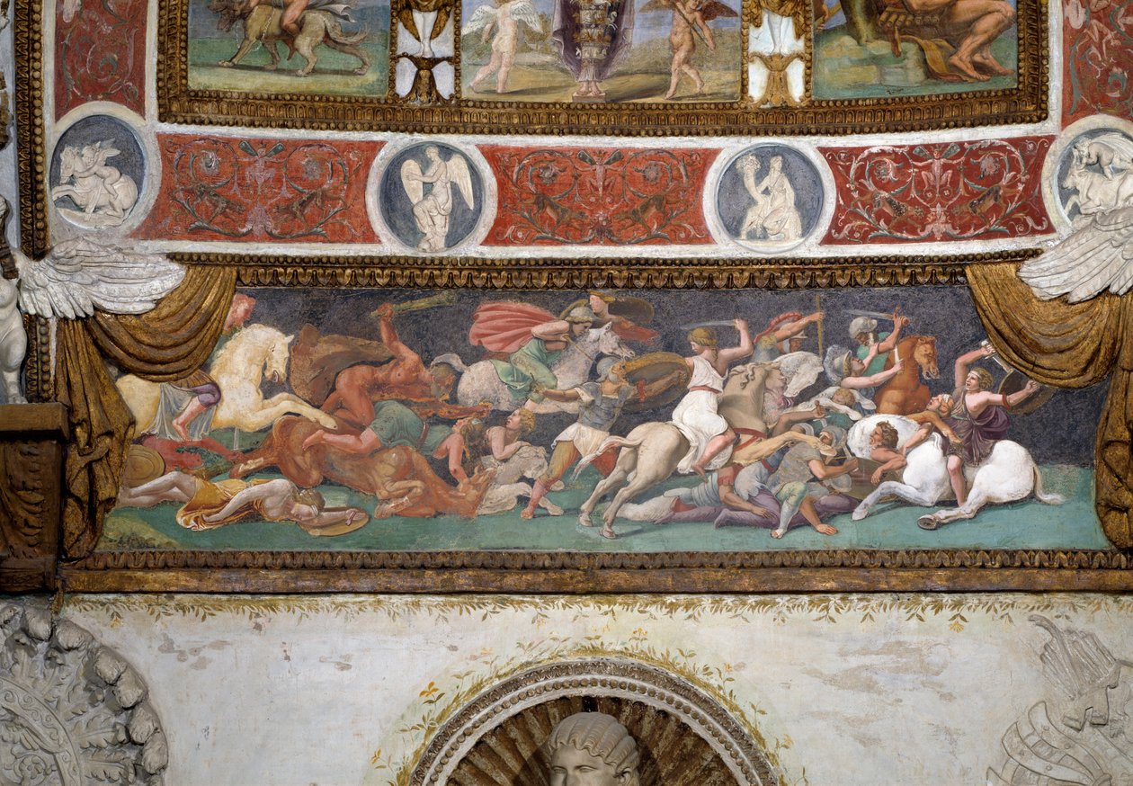 Camera delle Aquile, detail vlysu zobrazujícího bitvu mezi Řeky a Amazonkami, freska z roku 1528 od Giulio Romano