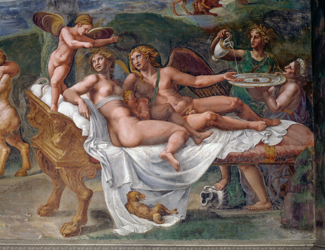Cupid a Psyche s dcerou Voluptas (Potěšení) ležící na posteli, detail ze Svatební hostiny nebo Banketu bohů, freska Giulio Romano (1499-1546), Palazzo Te, Mantua (Seznam světového dědictví UNESCO, 2008), Lombardie, Itálie od Giulio Romano