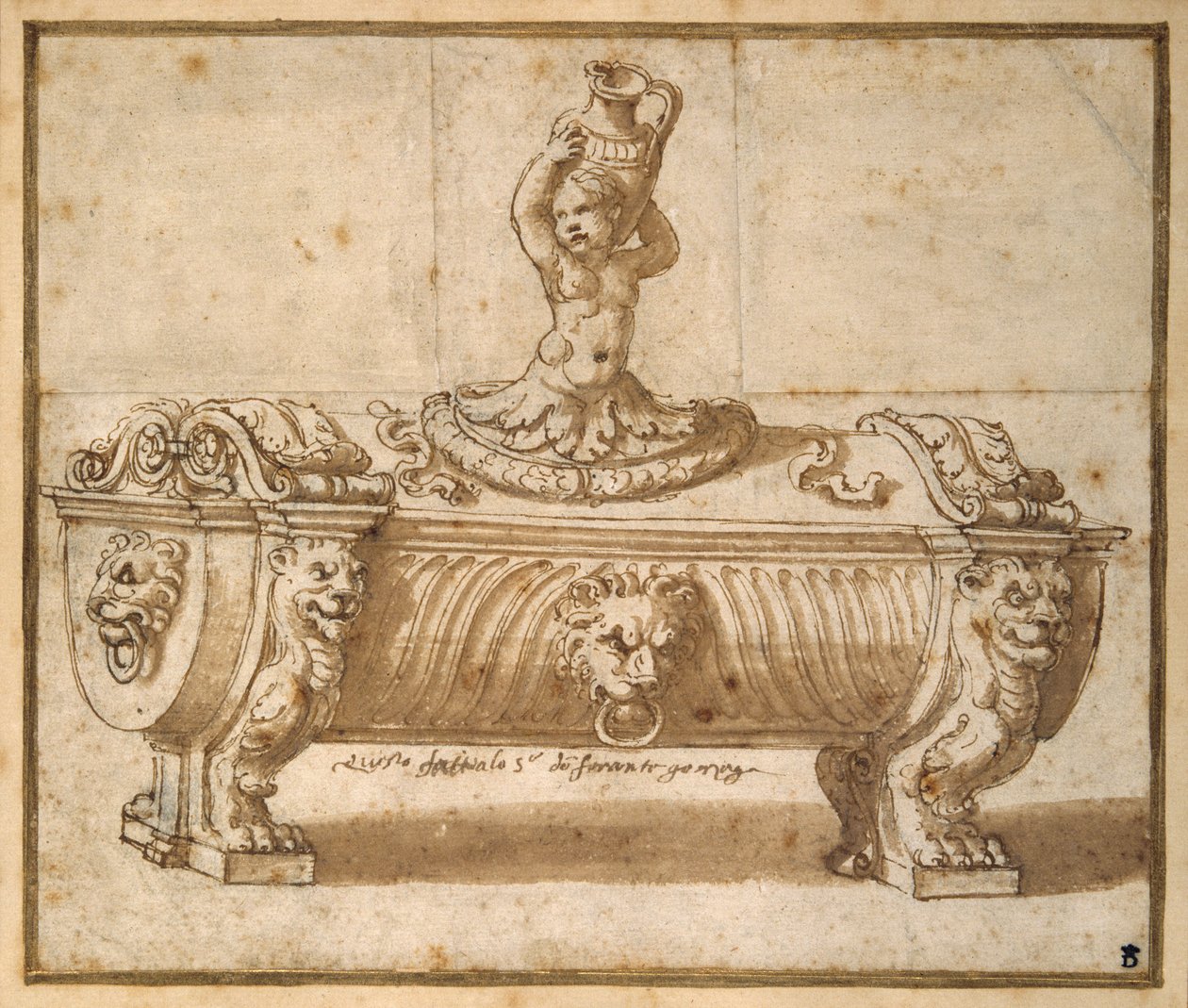 Design pro bonboniéru (pero a hnědý inkoust s mytím na papíře) od Giulio Romano