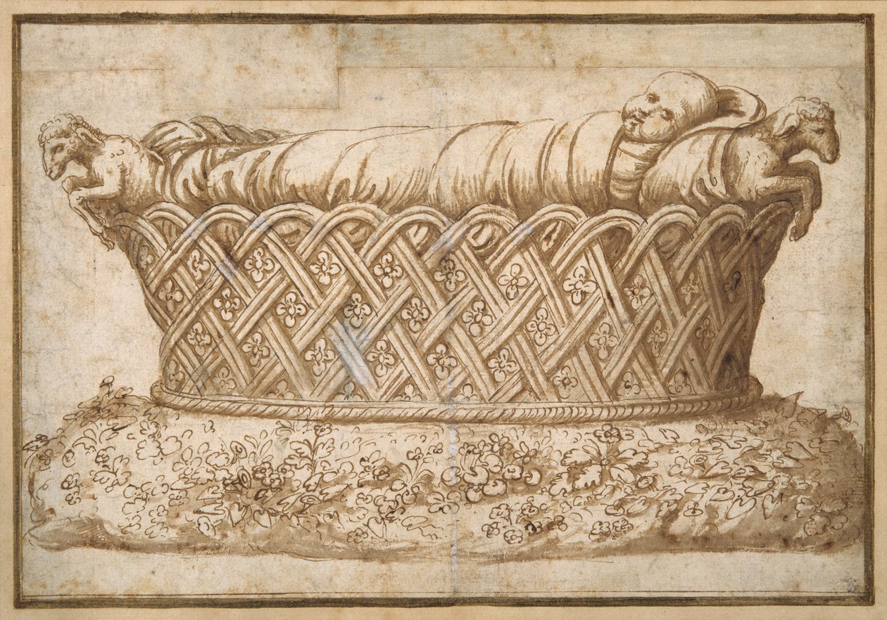 Design pro dětskou hrobku (pero a hnědý inkoust s hnědým praním na papíře) od Giulio Romano