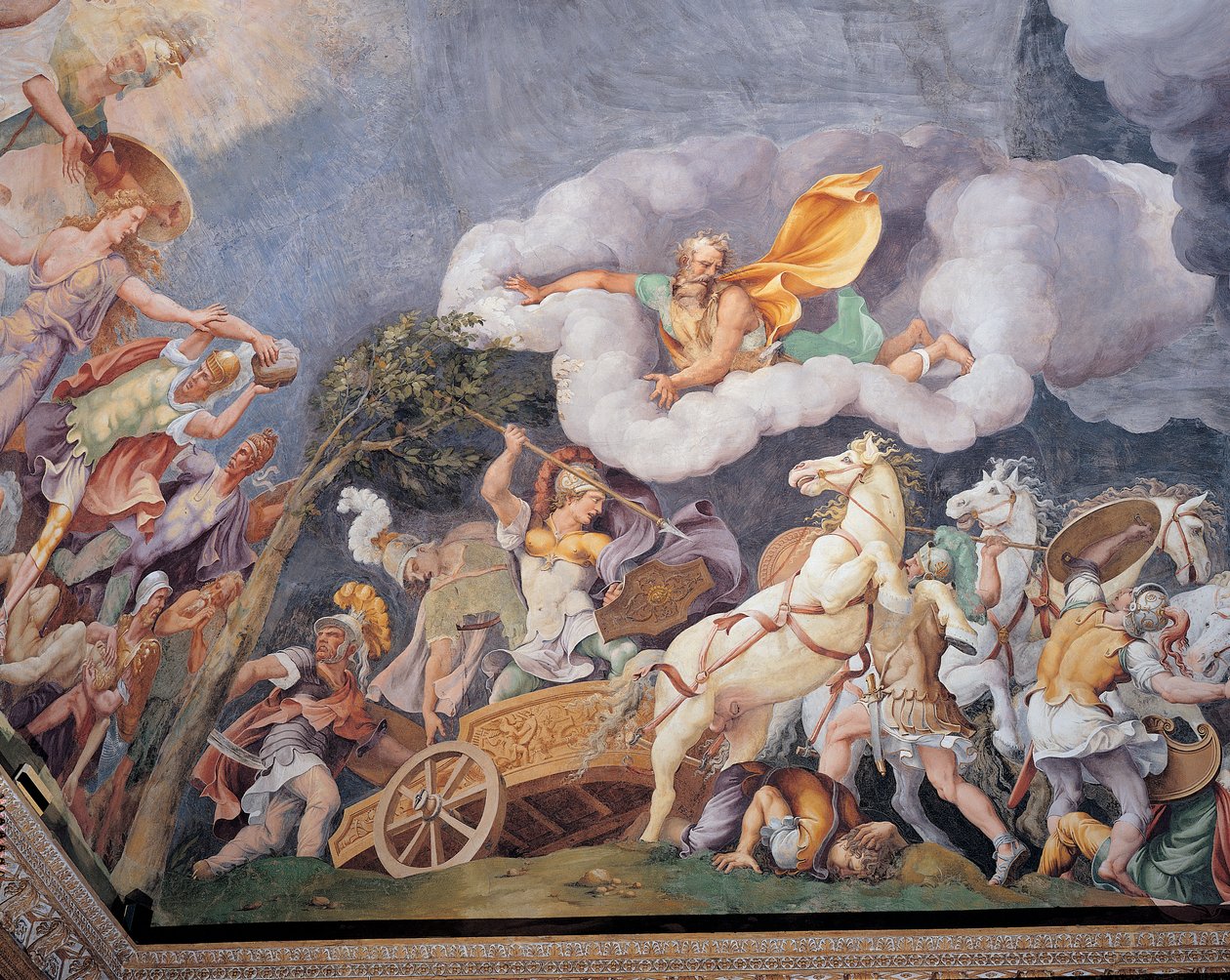 Diomédes zabíjí Tydea, Finea a Pandara. od Giulio Romano
