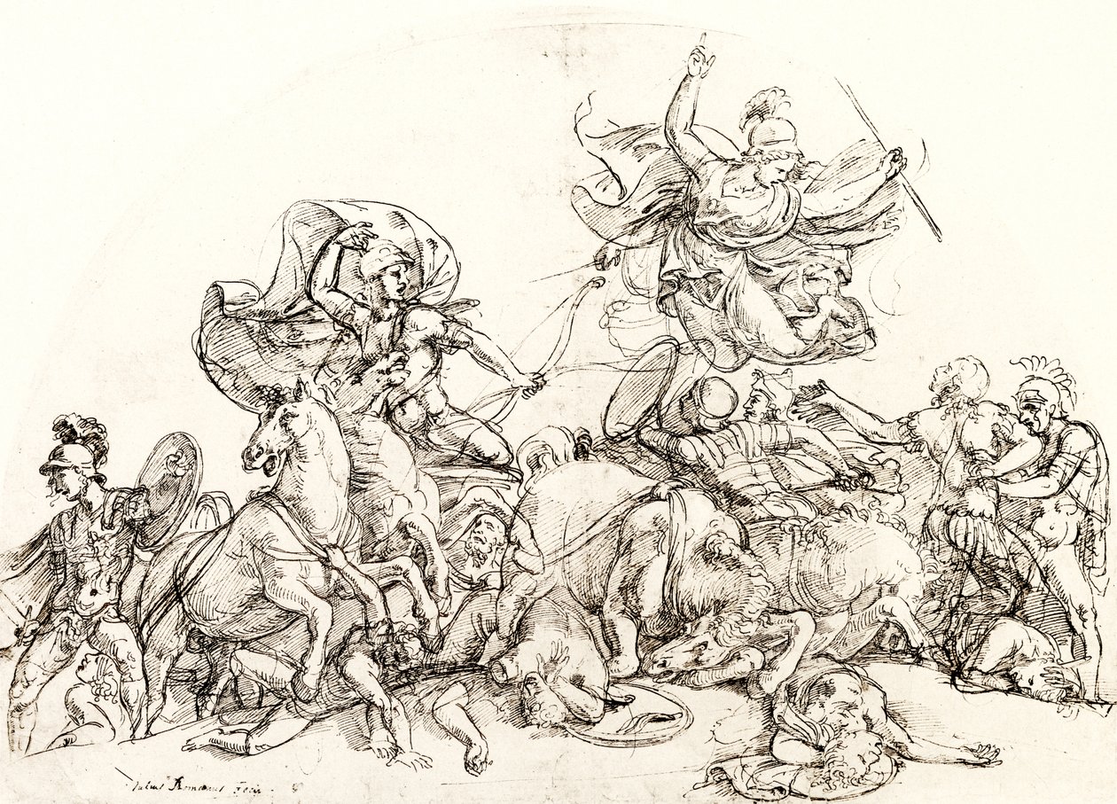 Diomedes, zraněný Pandarem, je utěšován Pallas Athene od Giulio Romano