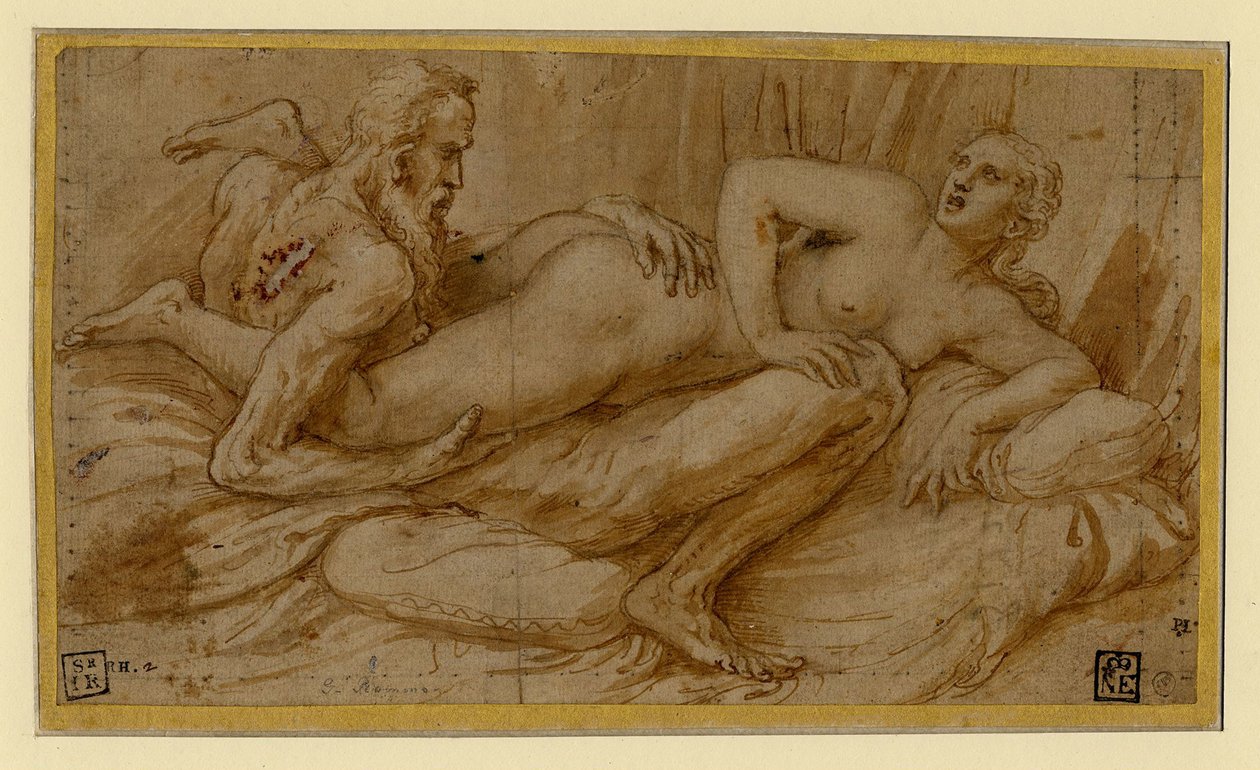 Erotická scéna par Romano, Giulio (1499-1546), po roce 1524 - pero, štětec, hnědý tuš, bílá barva, černá křída na papíře od Giulio Romano