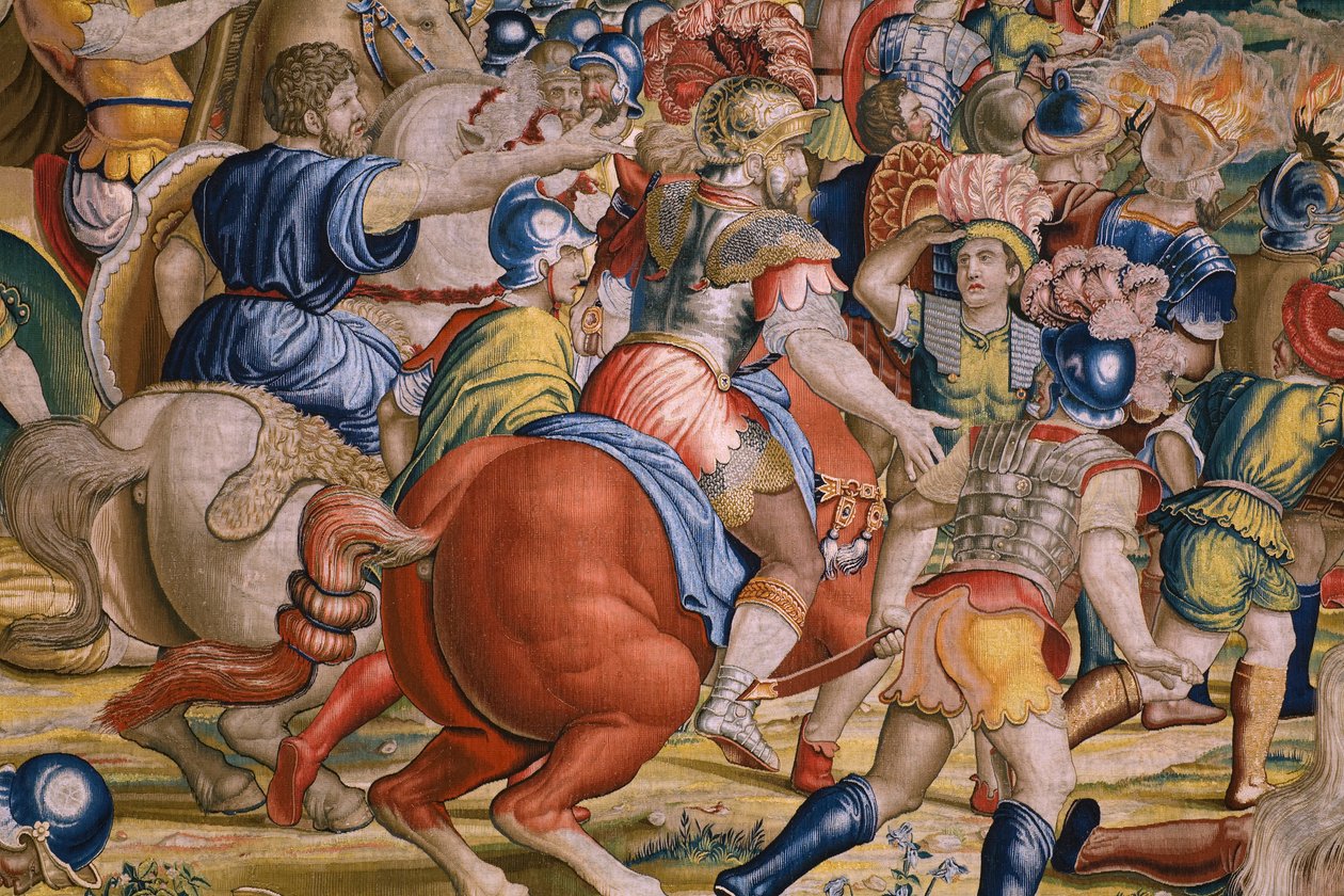 Vlámský gobelín. Série The Acts of Scipio: Bitva u Zamy. Karikaturista Giulio Romano. Ateliér Balthasara van Vlierdena (?), Brusel. 1523-1532. Detail. od Giulio Romano