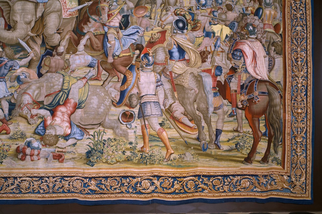 Vlámský gobelín. Série The Acts of Scipio: Bitva u Zamy. Karikaturista Giulio Romano. Ateliér Balthasara van Vlierdena (?), Brusel. 1523-1532. Detail. od Giulio Romano